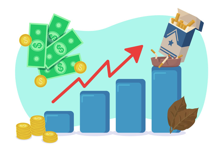 Bar chart with arrow up showing raising prices stock illustration