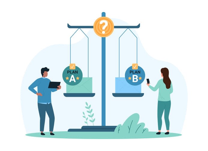 Business choice between alternative options, plan A and plan B strategy of tiny people stock illustration