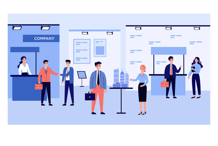 Businessmen talking to visitors at business exhibition stock illustration