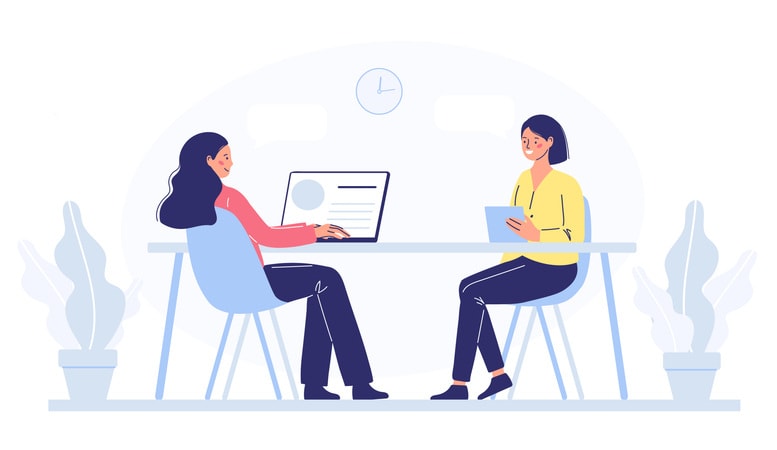 Character woman sitting at a table working on laptops connected to the network