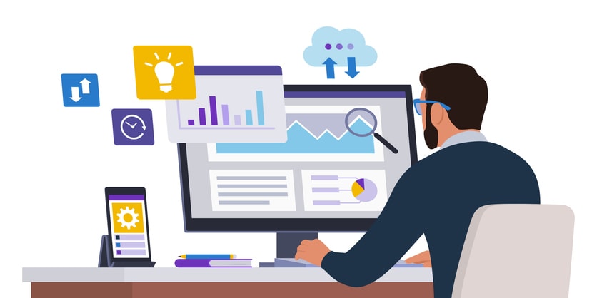 Corporate businessman checking financial reports online stock illustration