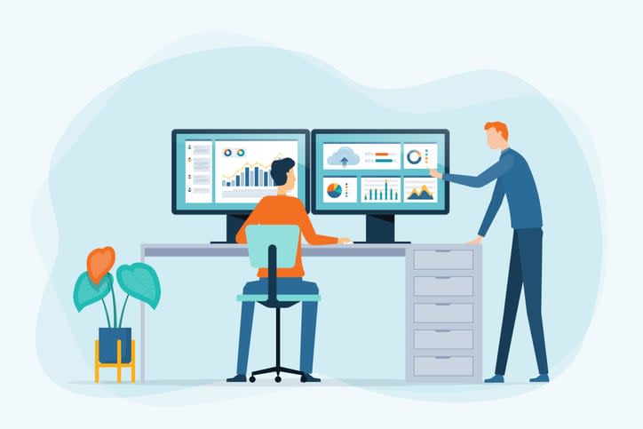 Data analysis concept with people team working on monitor