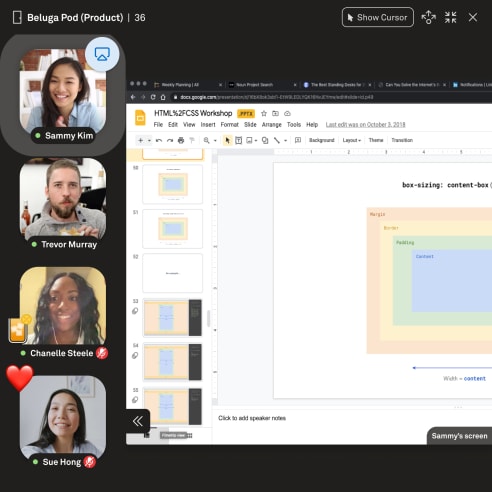 A screenshot of the Kumospace interface, showing four users in Gallery mode with a screen share to their right.