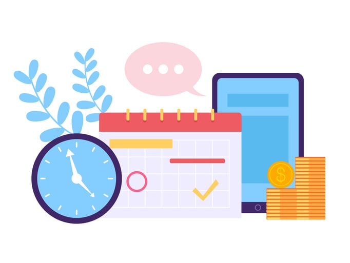 Illustration of a person analyzing productivity data on a digital dashboard with calendar, clock, and charts—representing the ROI and business impact of using meeting schedulers to optimize time and workflow.