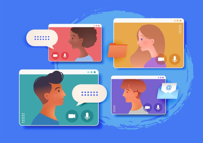 Illustration of a virtual meeting with four participants in separate video windows and digital icons for email, folders, and chat.