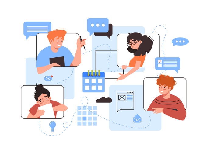 Illustration of remote team members collaborating through digital tools like calendars, chat bubbles, and checklists—representing group meeting coordination and modern scheduling solutions.