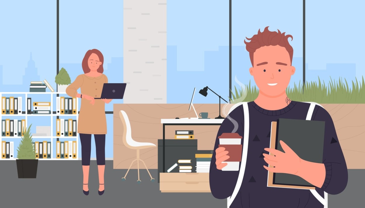 Illustration of Gen Z professionals in a modern office setting using laptops, books, and coffee.