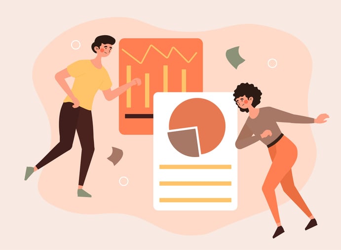Illustration of two people analyzing bar, line, and pie charts—representing customizable time tracking reporting features that help teams visualize productivity, performance, and project data.