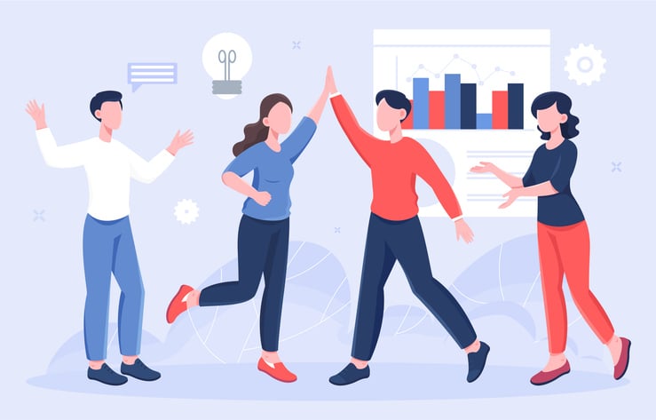 Illustration of a diverse team celebrating success with high-fives and data charts.