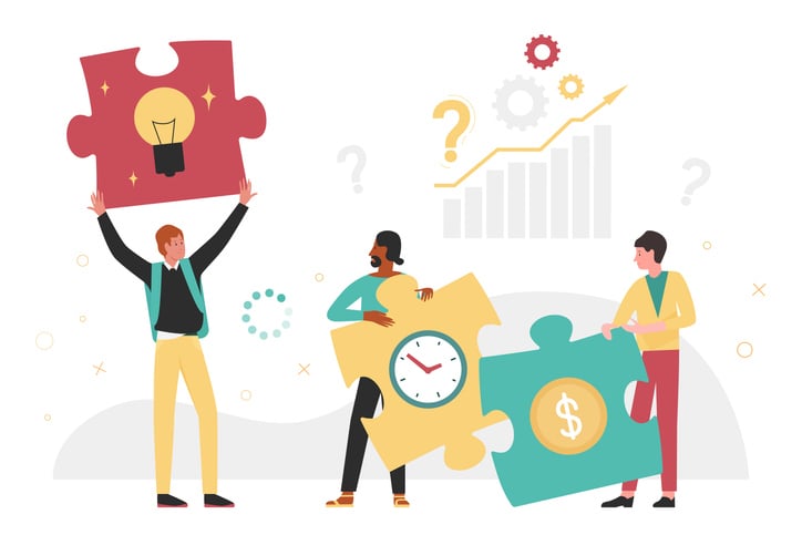 Illustration of three people holding puzzle pieces with icons for ideas, time, and money.