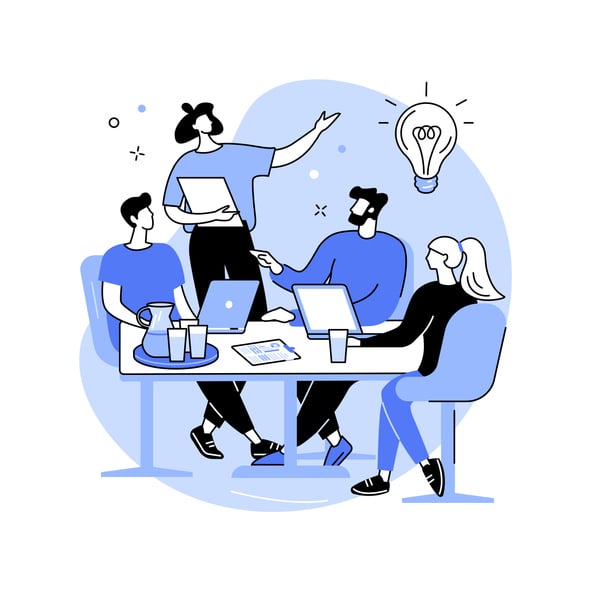 Illustration of a team brainstorming around a table with laptops and documents, symbolizing the creativity, collaboration, and strategic thinking that define a top brand marketing agency.