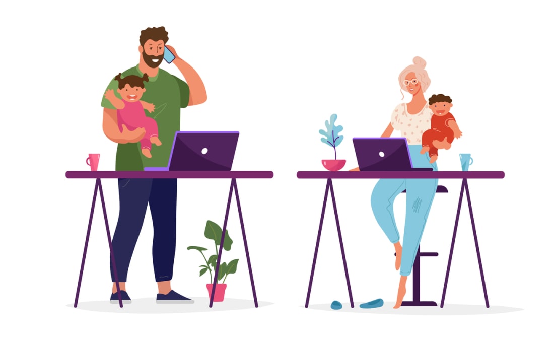 Young family with kids working from home