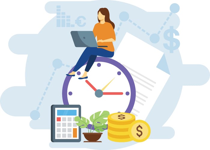Illustration of a woman sitting on a large clock with a laptop, surrounded by financial icons like a calculator, coins, and charts.
