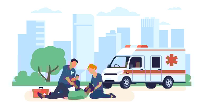 Illustration of emergency medical responders performing CPR in an outdoor setting with an ambulance nearby.