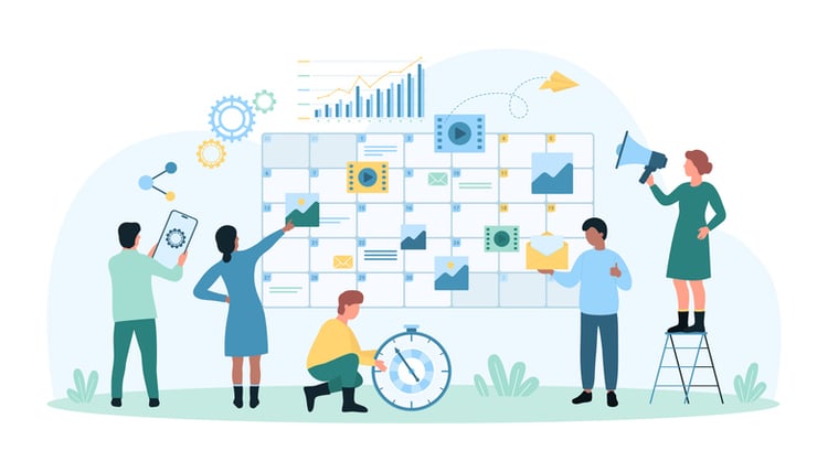 Illustration of a team collaborating around a large digital calendar with icons for tasks, charts, and notifications—representing effortless time tracking for teams through visual planning, communication, and productivity tools.