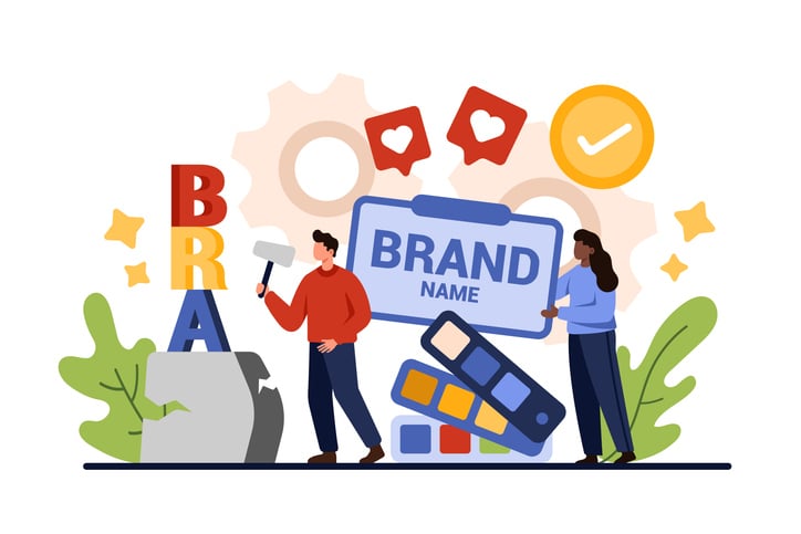 Illustration of two professionals designing brand elements with paint rollers, signage, and color swatches.