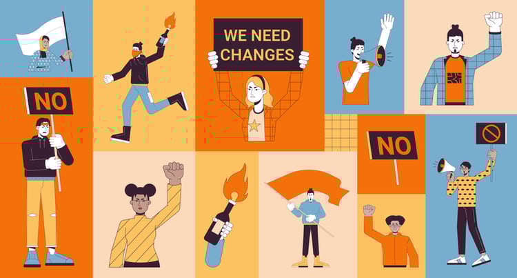 Illustration of Gen Z individuals participating in a protest with signs, megaphones, and raised fists.