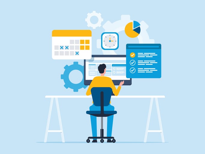 Illustration of a person working at a computer surrounded by icons for calendars, clocks, charts, and checklists—representing strategic time blocking and productivity through effective meeting scheduling.