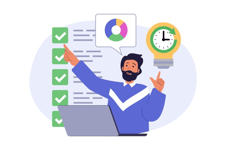 Person pointing to a checklist, pie chart, and clock—representing employee time tracking, task completion, and productivity tools.