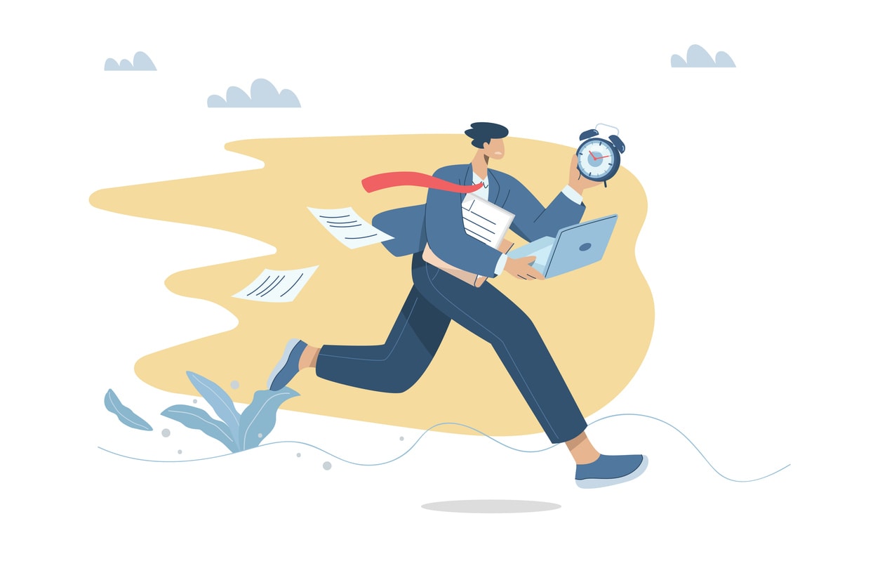 Businessman in a hurry to work on time, Busy business concept, Male employee is running in a hurry and stressed about the time, Time management and work efficiency, Vector design illustration.