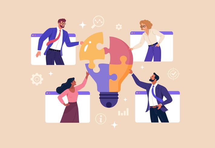 Illustration of remote and in-person teams collaborating through checklists, video calls, group discussions, and data presentations.