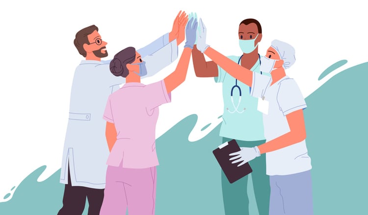 Illustration of healthcare professionals in protective gear—lab coats, gloves, masks.
