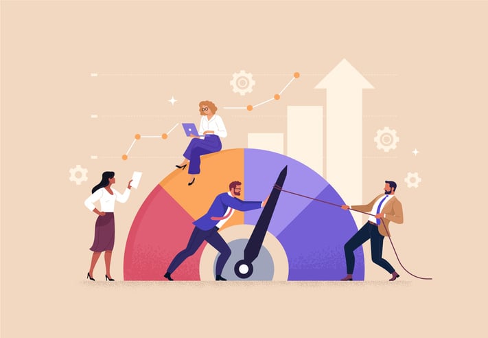 Illustration of professionals working together to move a performance gauge toward higher levels, with charts, arrows, and gear icons—representing how time tracking enhances team productivity, collaboration, and business performance.