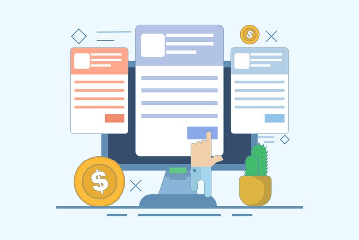 Illustration of a computer screen displaying clickable digital documents surrounded by dollar coins and financial icons.