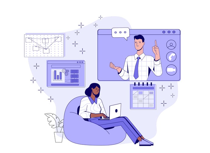 Illustration of a woman on a bean bag chair video conferencing with a colleague on a large screen, surrounded by digital tools like charts, calendars, and flow diagrams.