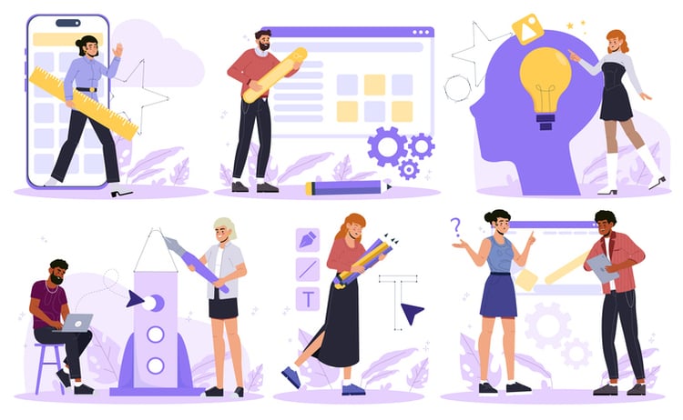 Illustration of diverse individuals engaged in various design activities, such as mobile UI, web design, brainstorming, sketching, and collaboration