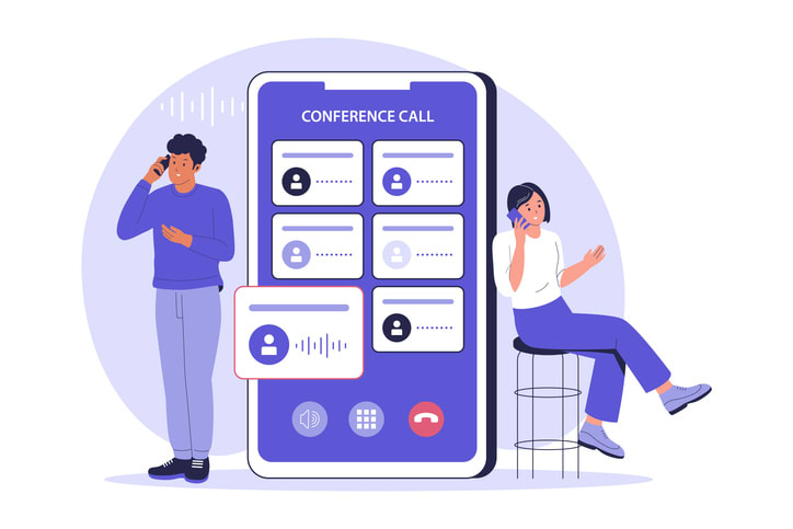 Illustration of two people on mobile phones and a large smartphone screen displaying a conference call interface.