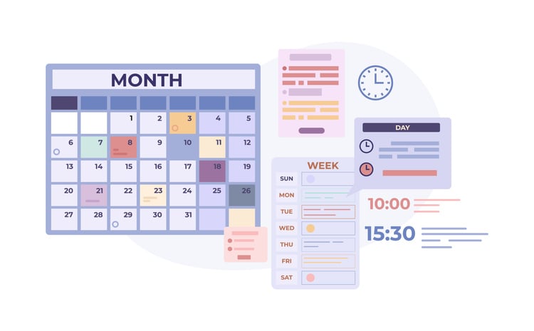 Illustration of calendar and scheduling interface with monthly, weekly, and daily view.