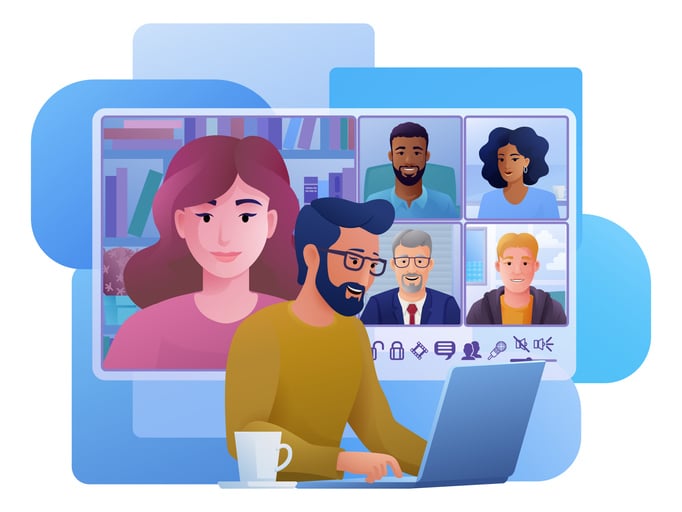 Photo of a person typing on a laptop during a video conference with six participants.