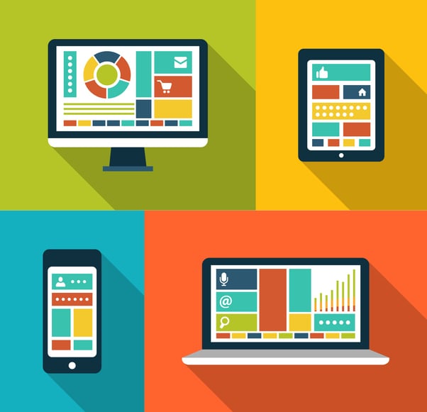 Illustration of desktop, tablet, smartphone, and laptop screens displaying time tracking dashboards—representing seamless mobile and desktop time tracking across multiple devices for improved productivity and flexibility.