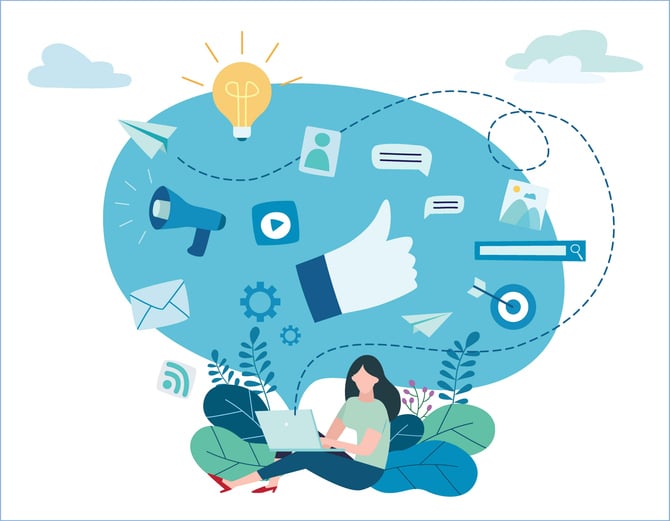 Illustration of a woman using a laptop surrounded by icons for email, social media, search, and analytics.
