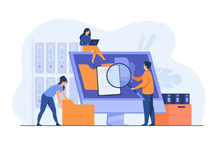 Office workers organizing data storage stock illustration