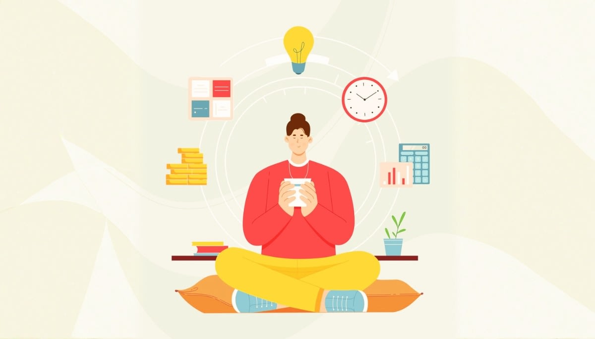 Illustration of a person sitting cross-legged with a cup, surrounded by icons for time, money, charts, and a calculator.