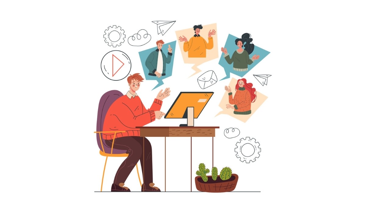 Illustration of a remote team collaborating through video call with digital icons for communication and productivity.