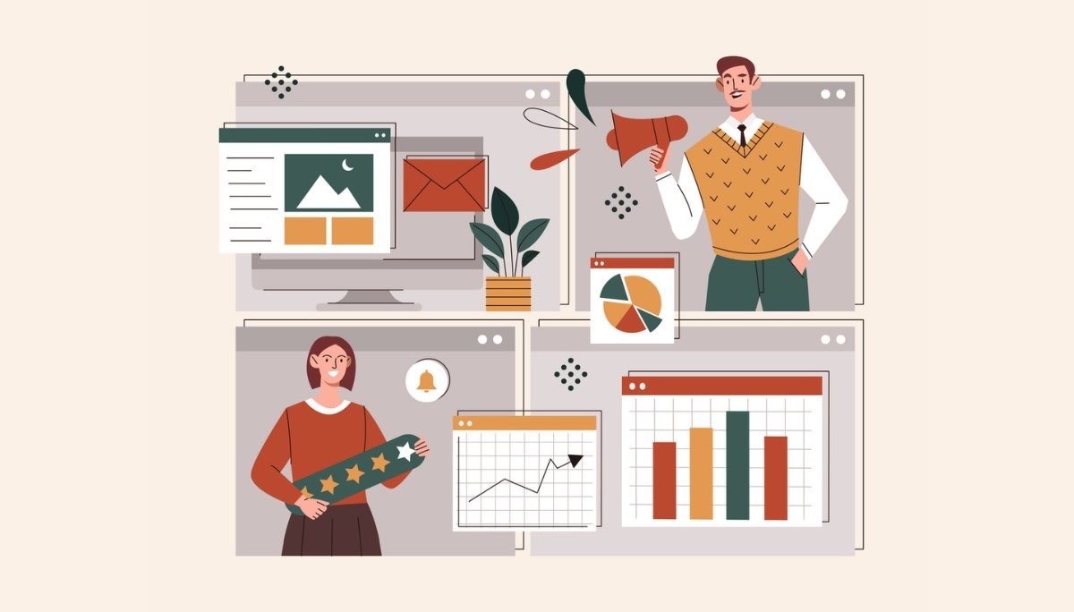 Illustration of digital marketers collaborating across dashboards and chart.