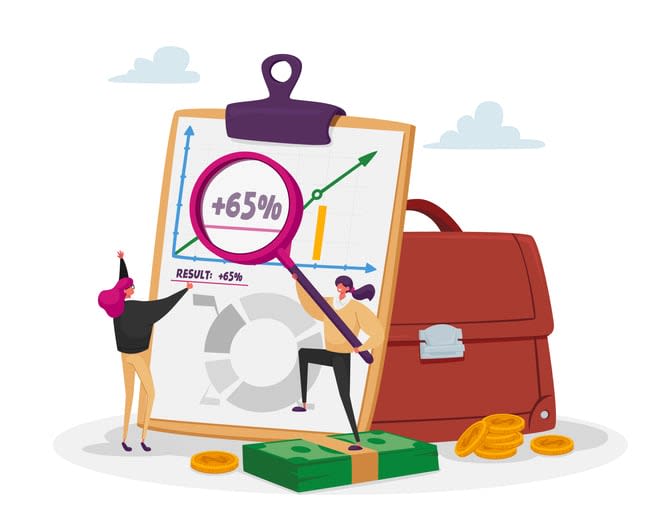Tiny Investors Female Characters Look on Growing Arrow Chart at Huge Briefcase