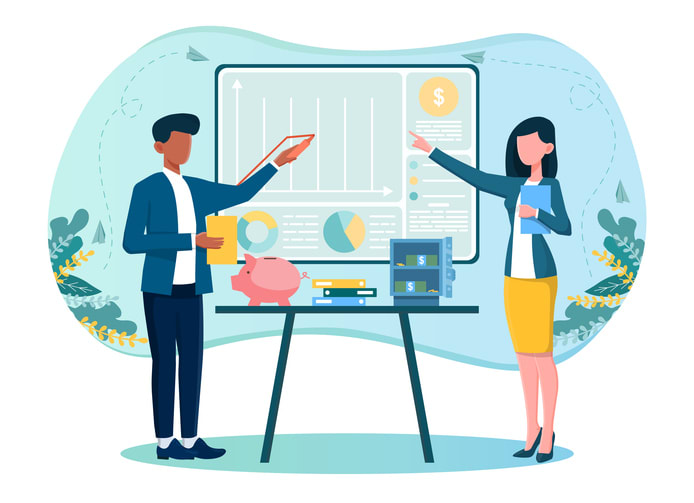 Two co-workers making money managment stock illustration