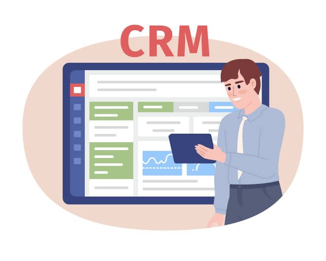 Using CRM system on tablet flat concept vector spot illustration stock illustration