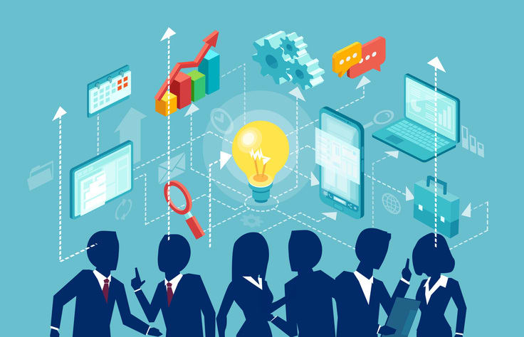 Vector of a group of businesspeople brainstorming an idea