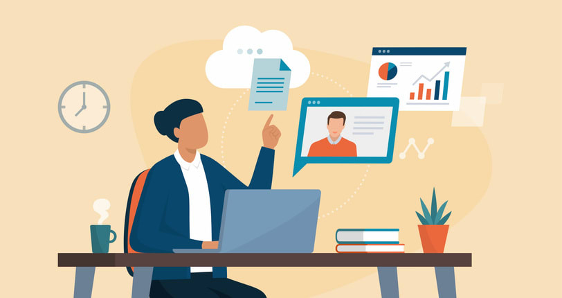 Woman sitting at desk and having a business video call stock illustration